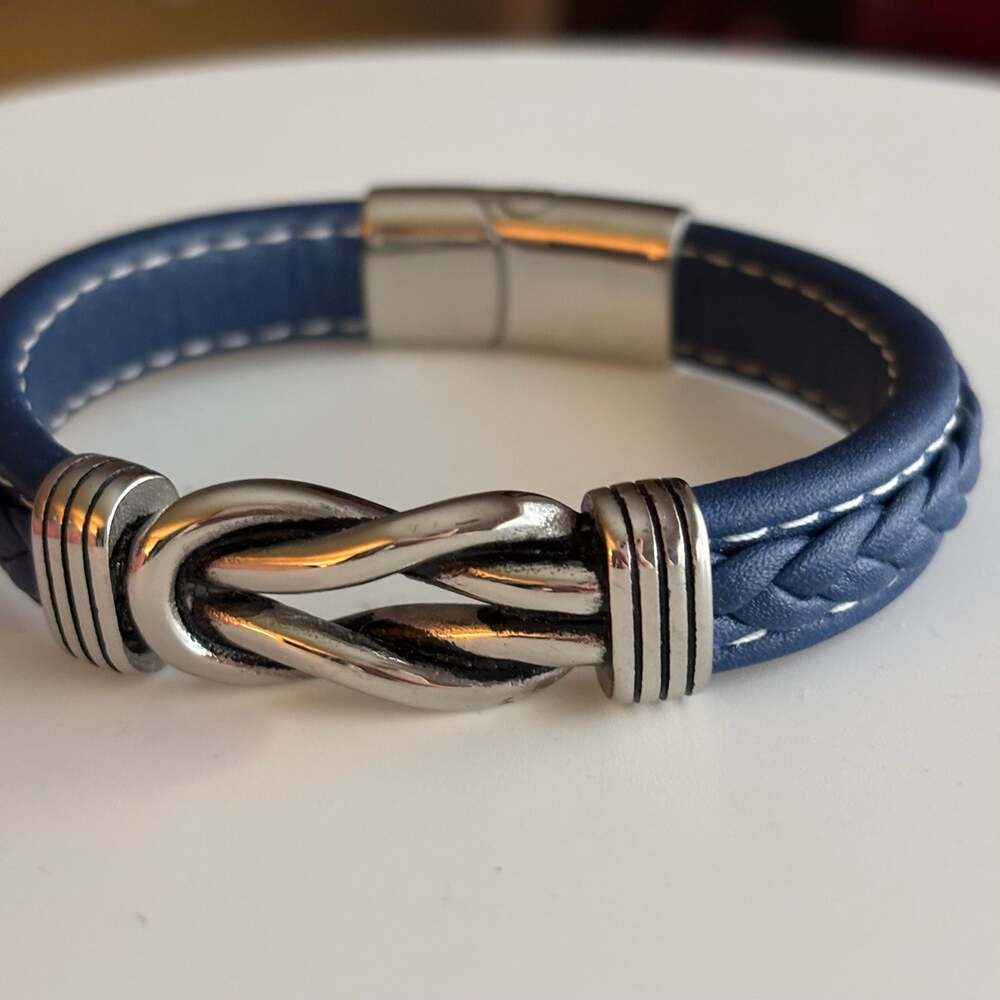 Men's LYNX Stainless Steel & Navy Braided Leather Bracelet - Picture 5 of 8